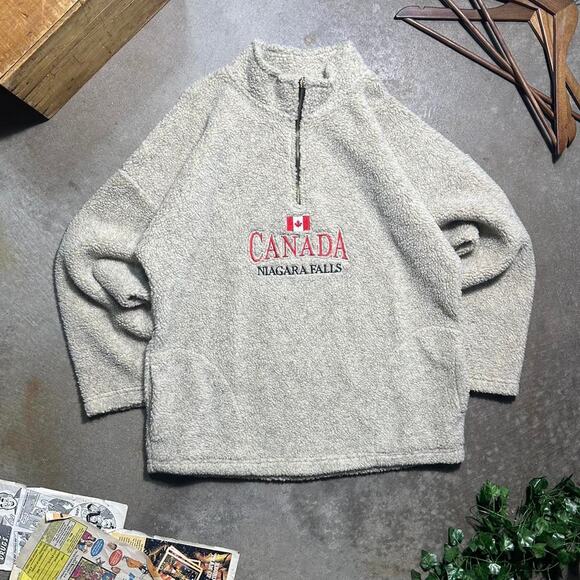 Vintage 90s Canada Niagara Falls Fleece Quarter Zip Sweatshirt Mens Large Tan - Picture 1 of 4